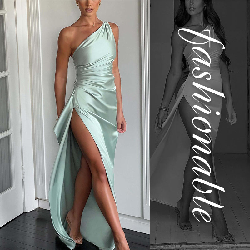 💜Buy 2 Free Shipping💜Women's Sexy One Shoulder Satin High Split Cocktail Fit Wedding Party Maxi Formal Dress