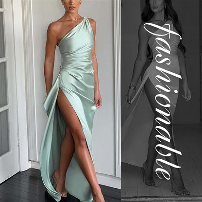 💜Buy 2 Free Shipping💜Women's Sexy One Shoulder Satin High Split Cocktail Fit Wedding Party Maxi Formal Dress