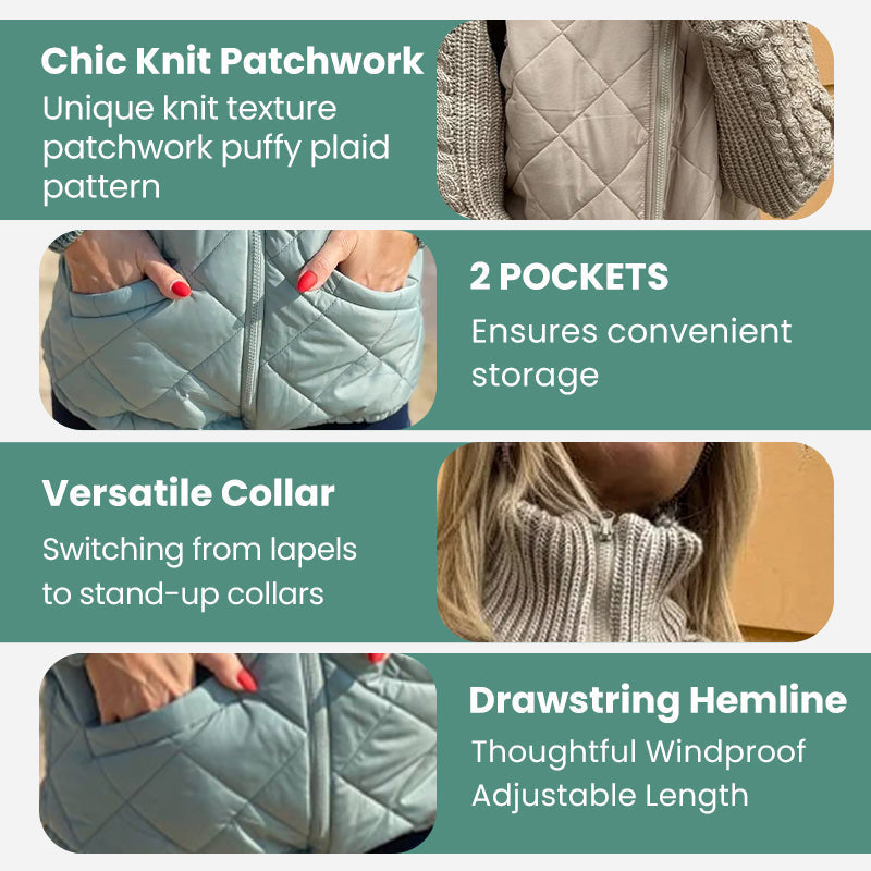 🔥2025 New Women’s Knit Patchwork Puffy Jacket - Soft Knit Panels, Quilted Body, Easy-Zip, Big Pockets 🧶🧷