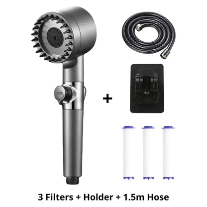 Home Essential Multi Functional High Pressure Shower, 3-Speed Massage, One-Touch Water Stop, Universal Interface, Stainless Steel Panel, Hose Holder & Filter Element