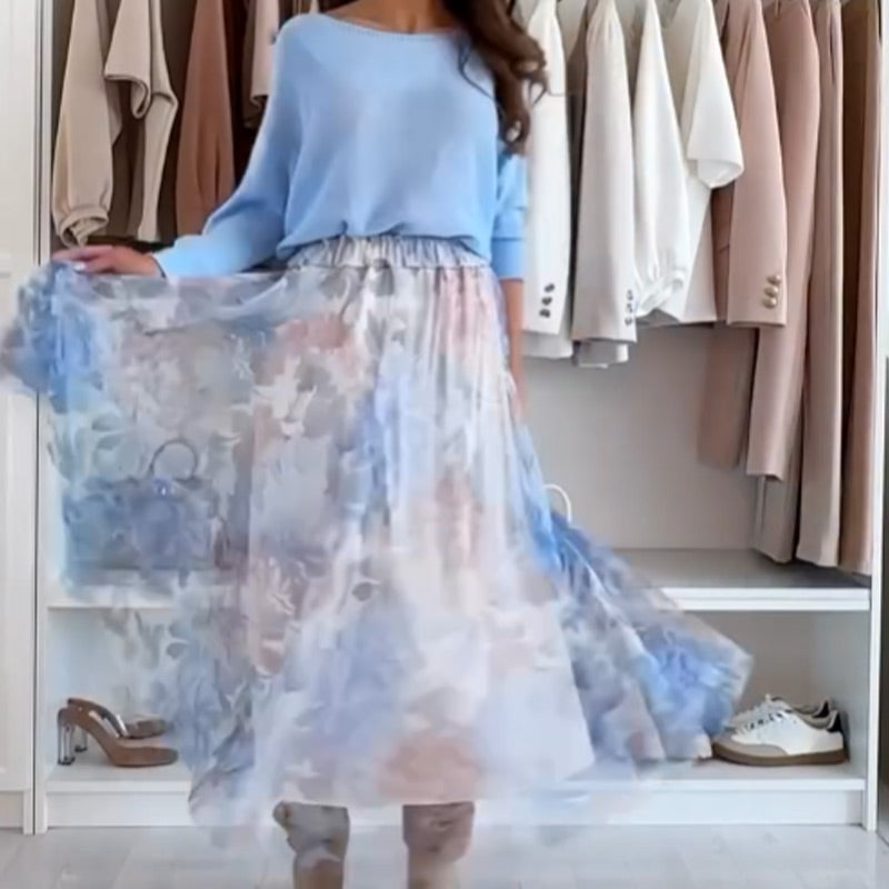 Jodie Tulle Floral Print Elastic Waist A-line Midi Skirt - Romantic & Versatile for Every Occasion