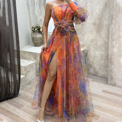 ✨【Slimming Wizard】Colorblock Mirage Dress ✨ | Diagonal Seam Illusion | Arm-Covering Flutter Sleeves | Back Zipper for Perfect Fit