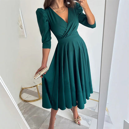🌸Spring Specials💐 Women's V-Neck Pleated Waist-slimming Midi Dress - Flattering & Versatile for Every Spring Occasion