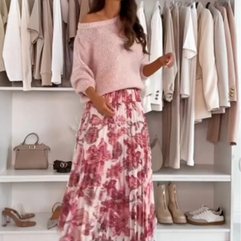 Women's Crew Neck Top & Printed Belted Skirt Set - Versatile Matching Outfit for Every Occasion