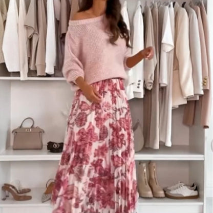 Women's Crew Neck Top & Printed Belted Skirt Set - Versatile Matching Outfit for Every Occasion