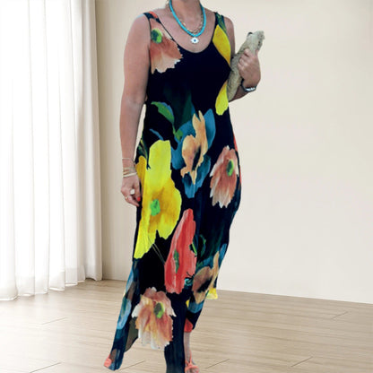 🌸【Anti-Static Magic】Elegant Soft Sleeveless Floral Flowy Dress 🌸 | Weighted Hem Technology | 360° Flutter Skirt
