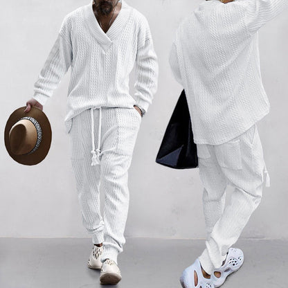 Men's Jacquard Drop Shoulder V Neck Top & Drawstring Waist Pants, Casual Fashion Pullover & Pocket Trousers for Daily Wear