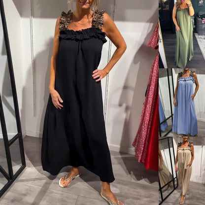💖Hot Sale 50% OFF💖2025 Spring/Summer New Vacation Women's Casual Strap Splicing Leopard Pattern Pocket Cotton Hemp Dress