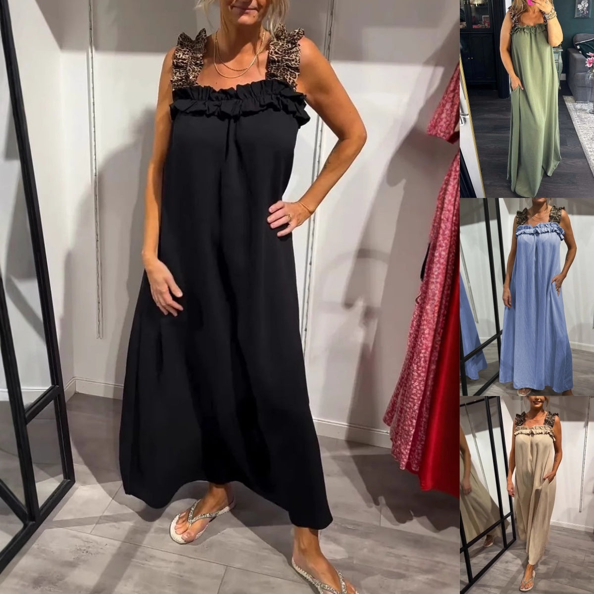 💖Hot Sale 50% OFF💖2025 Spring/Summer New Vacation Women's Casual Strap Splicing Leopard Pattern Pocket Cotton Hemp Dress