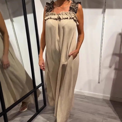 💖Hot Sale 50% OFF💖2025 Spring/Summer New Vacation Women's Casual Strap Splicing Leopard Pattern Pocket Cotton Hemp Dress