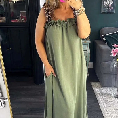 💖Hot Sale 50% OFF💖2025 Spring/Summer New Vacation Women's Casual Strap Splicing Leopard Pattern Pocket Cotton Hemp Dress