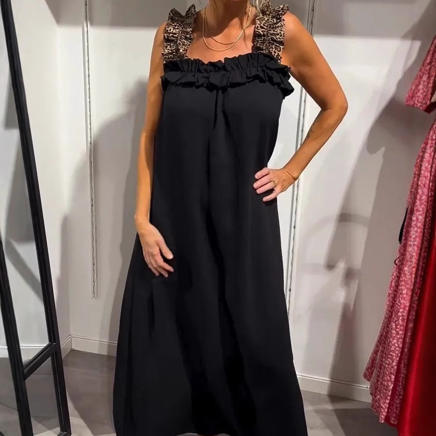 💖Hot Sale 50% OFF💖2025 Spring/Summer New Vacation Women's Casual Strap Splicing Leopard Pattern Pocket Cotton Hemp Dress