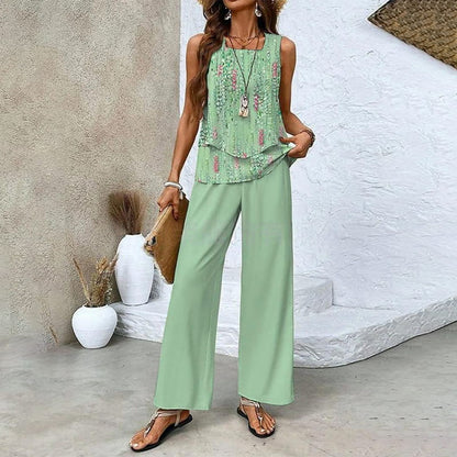 🔥 Hot Sale 50% OFF🌺Women's Trendy Print 2 Piece Outfits Sleeveless Top & Pants | V-Cut Top + High-Waist Pants | Trendy Loungewear