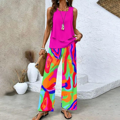 🔥 Hot Sale 50% OFF🌺Women's Trendy Print 2 Piece Outfits Sleeveless Top & Pants | V-Cut Top + High-Waist Pants | Trendy Loungewear