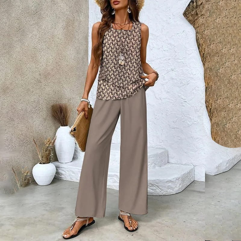 🔥 Hot Sale 50% OFF🌺Women's Trendy Print 2 Piece Outfits Sleeveless Top & Pants | V-Cut Top + High-Waist Pants | Trendy Loungewear