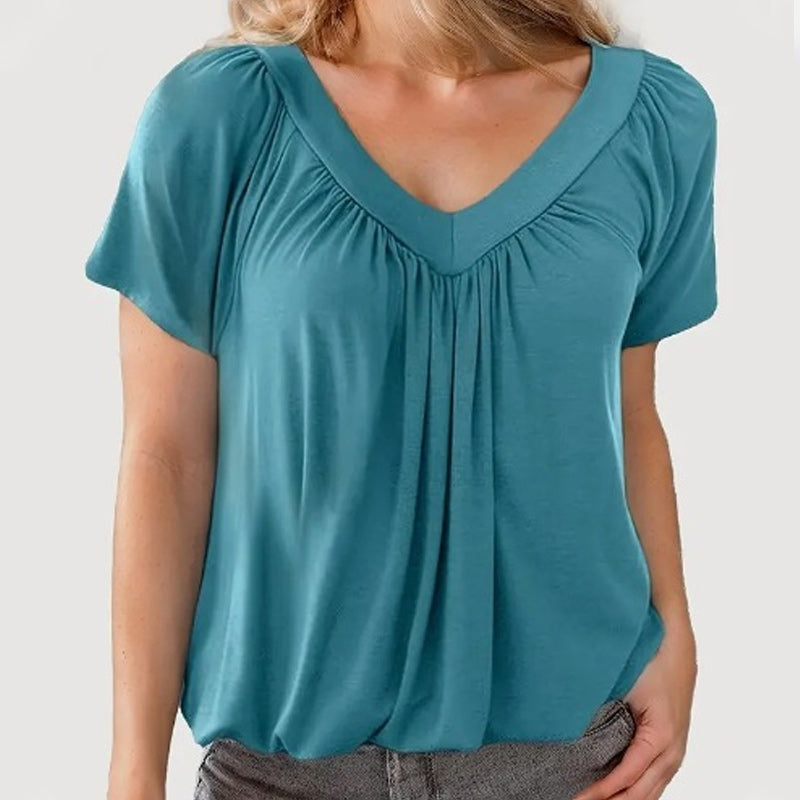 ✨New Arrival 50% Off✨Women's Casual Pleated V-Neck Short-Sleeve Top👚Timeless Solid Colors For Every Outfit