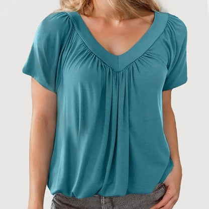 ✨New Arrival 50% Off✨Women's Casual Pleated V-Neck Short-Sleeve Top👚Timeless Solid Colors For Every Outfit