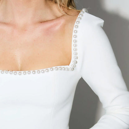 🔺Pearl Embellished Square Neck Long Sleeve Mini Dress🔺| Optical Illusion Neckline | Breast-Lifting Seams | Pearl Accent Draws Eyes Upward
