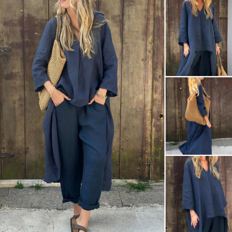 🌞👚Women's Summer Loose Pocket V-Neck 2-Piece Set🌸 Light and Comfortable, Stylish and Casual, A Summer Must-Have!