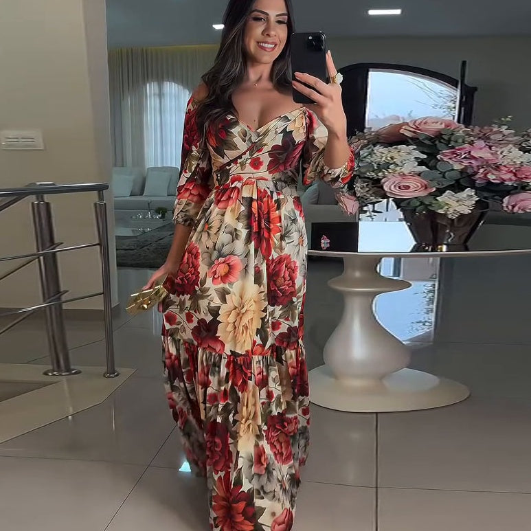 🌹【50% OFF】Women's V-Neck Floral Printed Pleated Dress 🌹 | Youth-Boosting Color Algorithm | Convertible V/Off-Shoulder