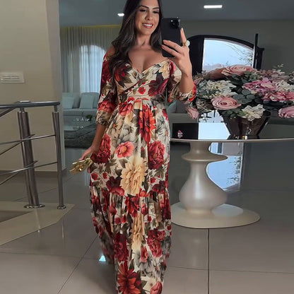 🌹【50% OFF】Women's V-Neck Floral Printed Pleated Dress 🌹 | Youth-Boosting Color Algorithm | Convertible V/Off-Shoulder