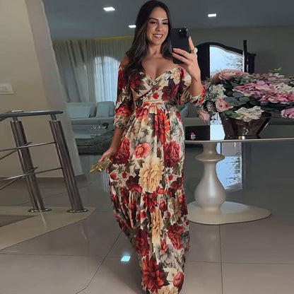 🌹【50% OFF】Women's V-Neck Floral Printed Pleated Dress 🌹 | Youth-Boosting Color Algorithm | Convertible V/Off-Shoulder