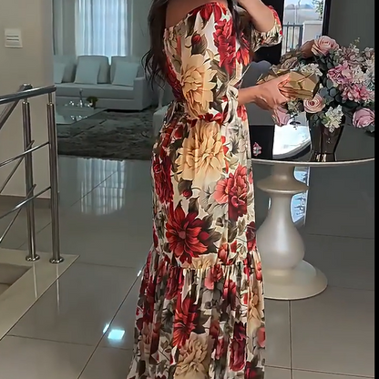 🌹【50% OFF】Women's V-Neck Floral Printed Pleated Dress 🌹 | Youth-Boosting Color Algorithm | Convertible V/Off-Shoulder