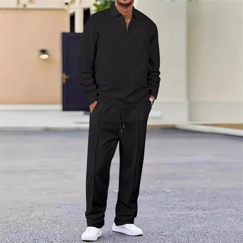 Men’s Waffle Knit Sweatshirt & Straight-Leg Pants Set - Smart Casual Straight Cut, Deep Phone Pockets 🧵