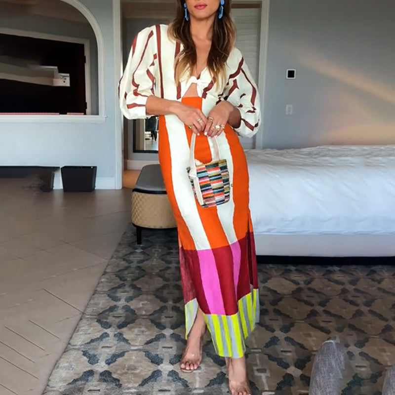 Kaya Linen Blend Color Block Print Front Cutout Knot Puff Sleeve Maxi Dress