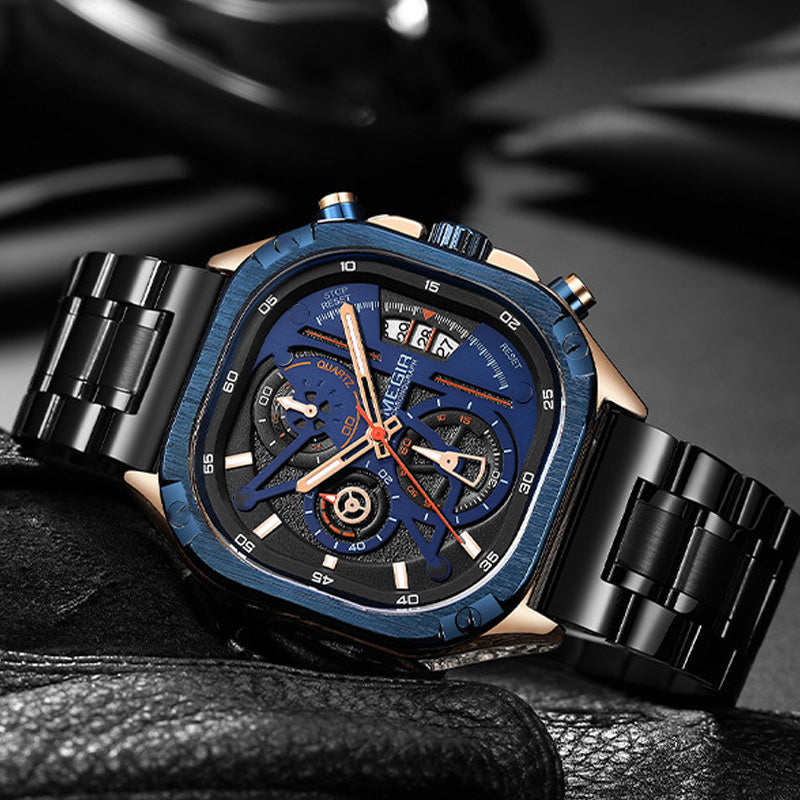 BUREI Men's Black Watch Chronograph Multifunction Watch with Stainless Steel Strap, Quartz Movement, Water Resistant, Skeleton Dial, Suitable for Business and Collection