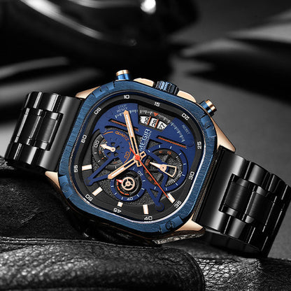 BUREI Men's Black Watch Chronograph Multifunction Watch with Stainless Steel Strap, Quartz Movement, Water Resistant, Skeleton Dial, Suitable for Business and Collection