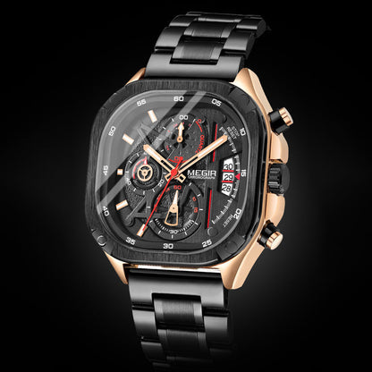 BUREI Men's Black Watch Chronograph Multifunction Watch with Stainless Steel Strap, Quartz Movement, Water Resistant, Skeleton Dial, Suitable for Business and Collection
