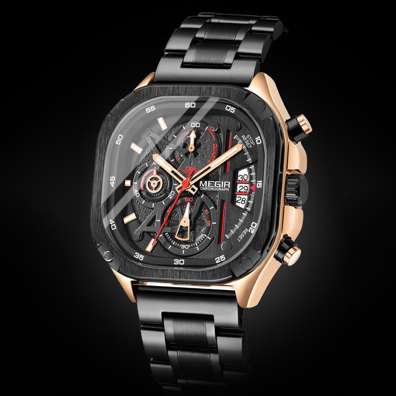 BUREI Men's Black Watch Chronograph Multifunction Watch with Stainless Steel Strap, Quartz Movement, Water Resistant, Skeleton Dial, Suitable for Business and Collection