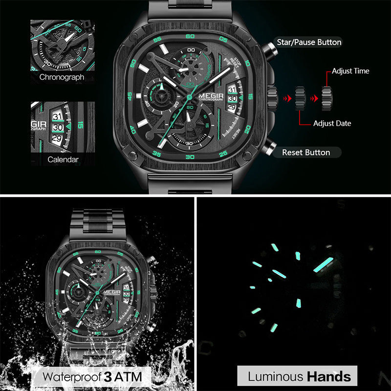BUREI Men's Black Watch Chronograph Multifunction Watch with Stainless Steel Strap, Quartz Movement, Water Resistant, Skeleton Dial, Suitable for Business and Collection