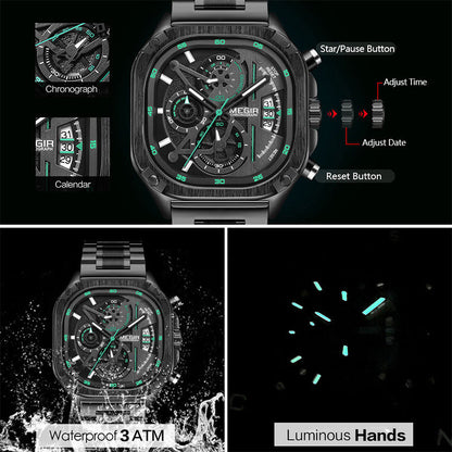 BUREI Men's Black Watch Chronograph Multifunction Watch with Stainless Steel Strap, Quartz Movement, Water Resistant, Skeleton Dial, Suitable for Business and Collection