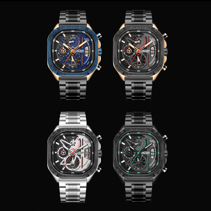 BUREI Men's Black Watch Chronograph Multifunction Watch with Stainless Steel Strap, Quartz Movement, Water Resistant, Skeleton Dial, Suitable for Business and Collection