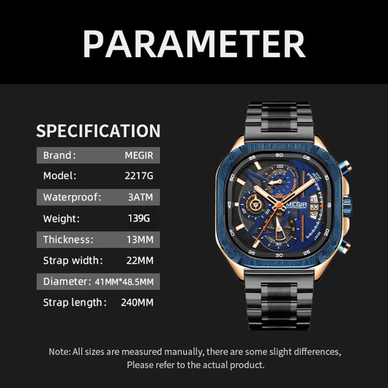 BUREI Men's Black Watch Chronograph Multifunction Watch with Stainless Steel Strap, Quartz Movement, Water Resistant, Skeleton Dial, Suitable for Business and Collection