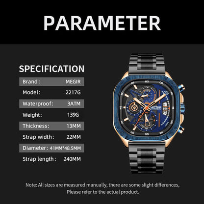 BUREI Men's Black Watch Chronograph Multifunction Watch with Stainless Steel Strap, Quartz Movement, Water Resistant, Skeleton Dial, Suitable for Business and Collection