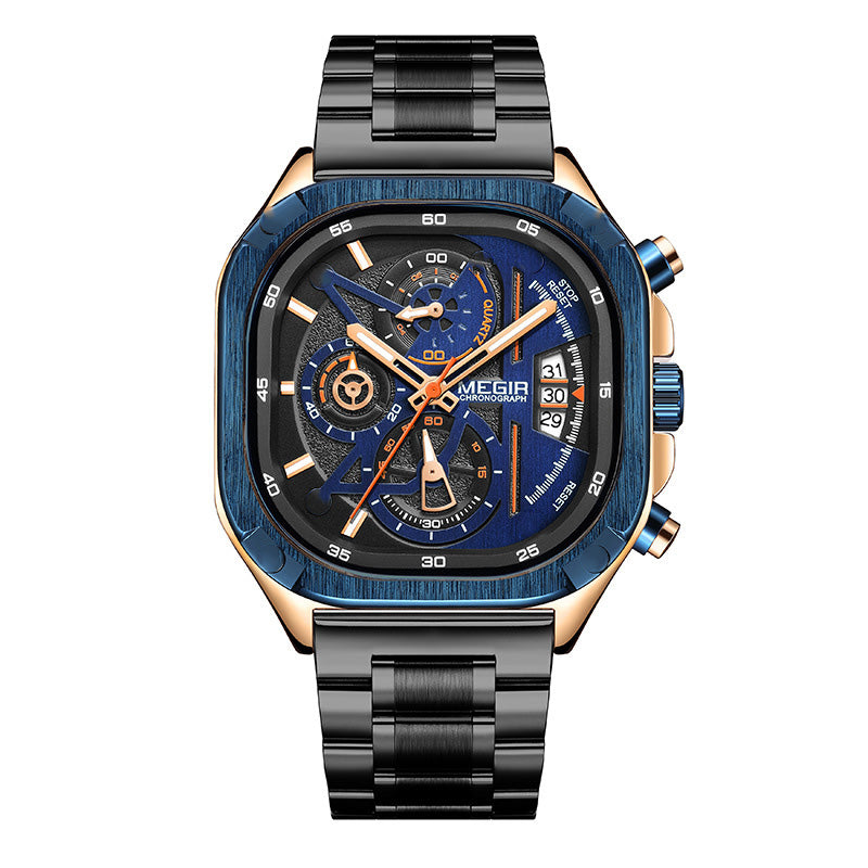 BUREI Men's Black Watch Chronograph Multifunction Watch with Stainless Steel Strap, Quartz Movement, Water Resistant, Skeleton Dial, Suitable for Business and Collection
