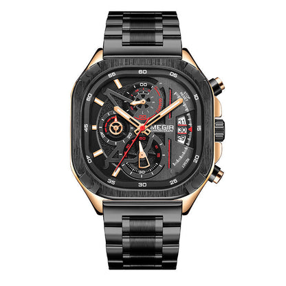 BUREI Men's Black Watch Chronograph Multifunction Watch with Stainless Steel Strap, Quartz Movement, Water Resistant, Skeleton Dial, Suitable for Business and Collection