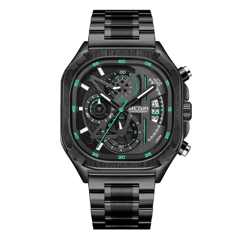 BUREI Men's Black Watch Chronograph Multifunction Watch with Stainless Steel Strap, Quartz Movement, Water Resistant, Skeleton Dial, Suitable for Business and Collection
