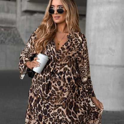 Elegant V-Neck Long-Sleeve Printed Dress 👗 – Figure-Flattering for Spring Tea/Date Nights