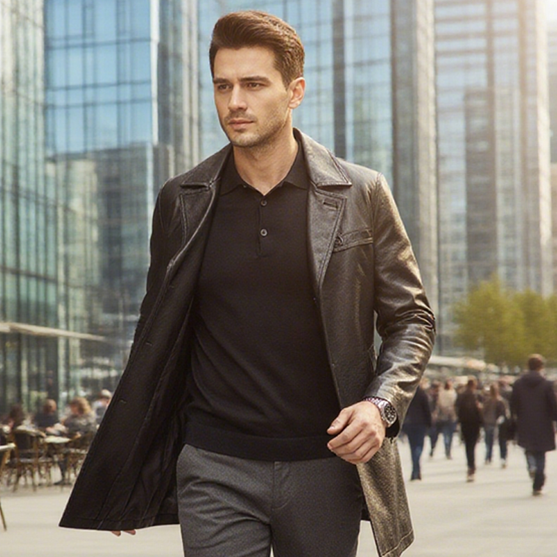 Men's Mid-Length Faux Leather Coat