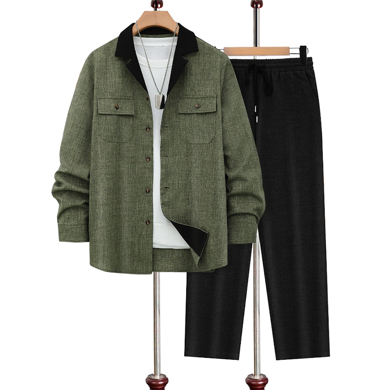 Men's Casual Lapel Long Sleeve Shirts ＆ Pants 2-Piece Set