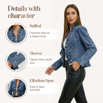 🎁New arrival 50% OFF💥Women's Ruffle Trim Open-Front Denim Jacket